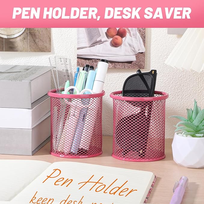 Segarty Pen Cup, 3 Pack Cute Dark Pink Pen Holder, Round Mesh Pencil Holder for Desk, Desktop Accessories Organizer for Office Supply, School, Home Storage, Makeup Brush Organization