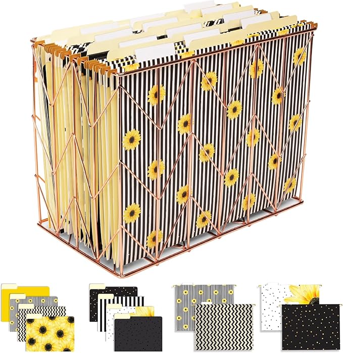 Global Printed Products Deluxe Designer Hanging File Folder Kit, Includes Metal Hanging Basket, 12 Hanging Folders, 24 File Folders, 1/3 Cut Tab, Assorted Positions, Letter Size (Sunflower)