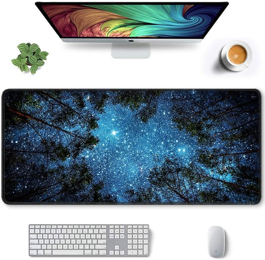 Auhoahsil Large Gaming Mouse Pad, Nature Theme XXL 35.4 x 15.7 in Desk Pad Stitched Non-Slip Rubber Long Computer Mousepad Thin Extended Full Size Desk Mat for Desktop Laptop Wireless Mice, Night Sky