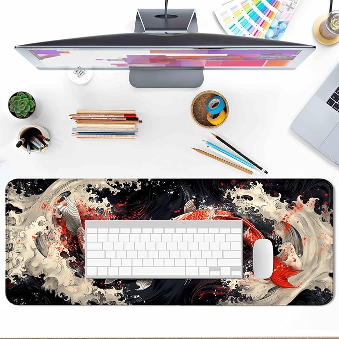 Japanese Koi Fish Gaming Mouse Pad, Extended Large Yin and Yang Desk Mat, Computer Keyboard Laptop Mousepad for Work, Office and Home, XL