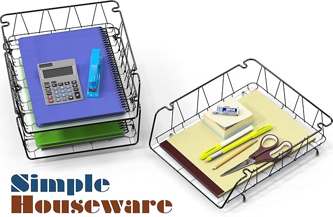 Simple Houseware Stackable Desk File Document Letter Tray with Liner, Wire Grid, 3 Packs, Black