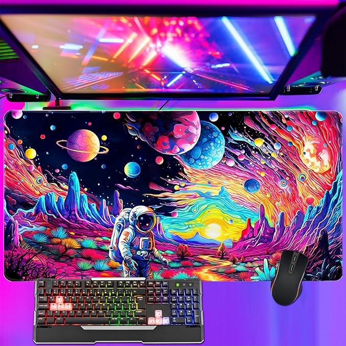 Cyberpunk Astronaut Mouse Pad Desk Mat Fantasy Planet Space Large Gaming Mouse Pad Anime Desk Pad Mousepad XXL Extended Keyboard Mat Futuristic Cosmic Adventure Mouse Mat, Waterproof, 31.5 x 15.7 in