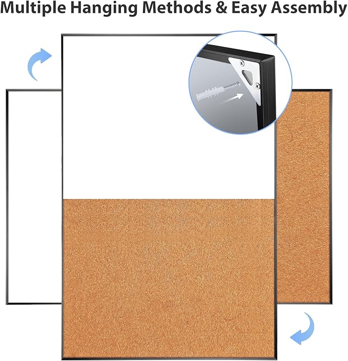 ARCOBIS Cork Board White Board Combo, 36 x 24 Inch Bulletin Board, Magnetic Dry Erase Board & Corkboard for Wall, Vision Board for Home, Office, School, Black Frame