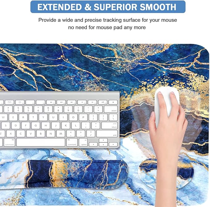 4-in-1 Large Gaming Mouse Pad, Keyboard Wrist Rest Pad & Wrist Support Mousepad Set, Extended Desk Pad Waterproof Desk Mat for Home Office Study Game - Blue Gold Marble