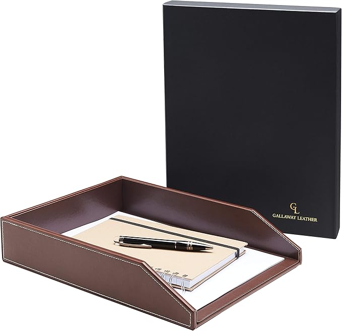 Gallaway Leather Letter Tray Desk Organizer - Paper Tray for Desk,Premium PU Leather Tray Perfect for Office Organization, Document Holder Fits A4 Paper, Stackable Drawers for Extra Desk Storage.