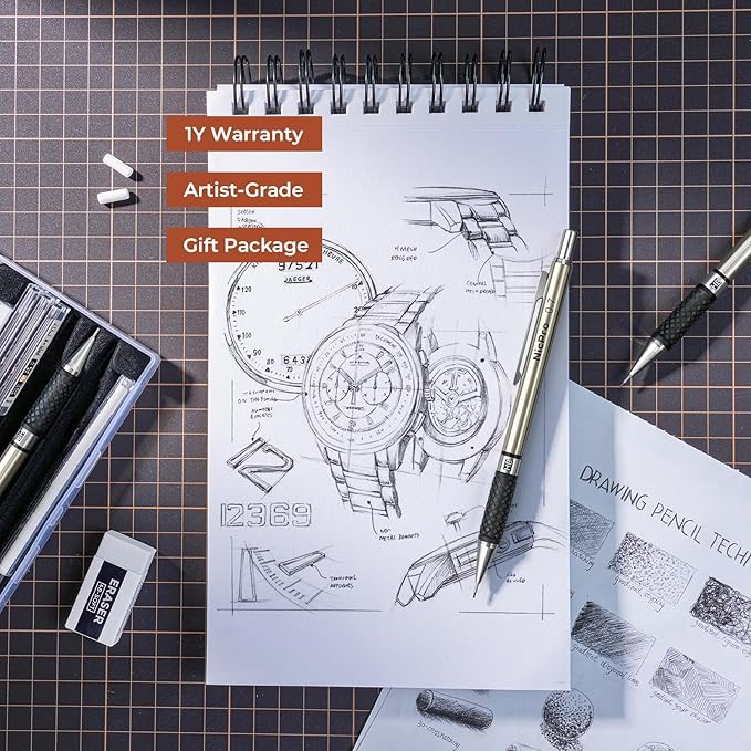 Nicpro Art Mechanical Pencil Set in Case, 4 PCS Metal Drafting Pencil 0.5 mm & 0.7 mm, Lead Pencil with 6 Tube HB Lead Refills, 3 Erasers, 9 PCS Eraser Refills for Artist Writing, Drawing, Sketching