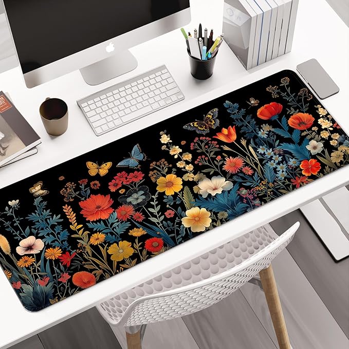 Pretty Butterfly Floral Desk Mat,Large Garden Flowers Plant Gaming Mouse Pad, Computer Keyboard Laptop Mousepad for Work, Game and Office, XL,Black
