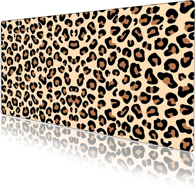 Brown Leopard Desk Pad Protector, Stitched Edges Mouse Pad, Large Office Mat, Non-Slip Blotter, Laptop Pad, Writing Pad for Office and Home (31.5" x 15.7")