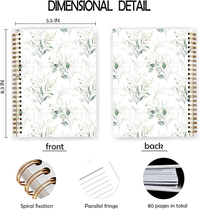 Green Floral Notebook, Eucalyptus Leaves Botanical Spiral Notebook 5.5x8.3, Aesthetic Journal for Women, Green Office Supplies, Flowers Floral Spiral Journal