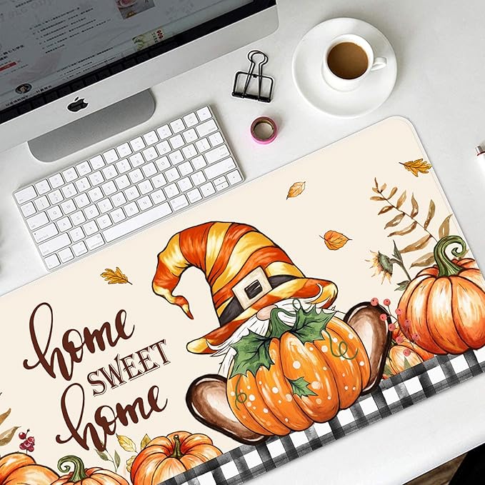 Britimes Fall Gnome Pumpkin Polka Dot Large Mouse Pad Non-Slip Desk Pad Keyboard and Mouse Desk Mat Autumn Leaves Black White Grid Gaming Mousepad for Game,Office & Home,31.5 x 15.7 in