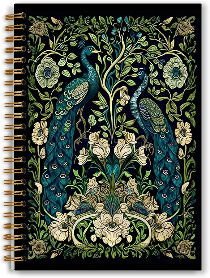 Vintage Floral Peacock Notebook, Retro Moody William Morris Flower Botanical Peacock Journal, Dark Academia Cottagecore Journaling, Rustic Floral Spiral Notebook 5.5x8.3 Inch