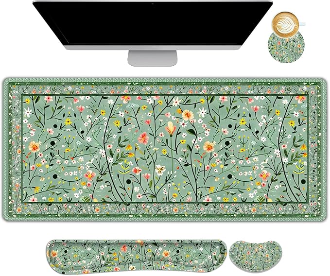 Floral Desk Mat, 4in1 Large Mouse Pad with Wrist Rest, Anti-Slip Desk Pad for Desktop, XXL Ergonomic Mousepad with Wrist Support for Keyboard and Mouse, Green Art Flowers