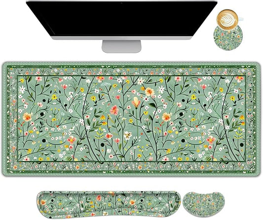 Floral Desk Mat, 4in1 Large Mouse Pad with Wrist Rest, Anti-Slip Desk Pad for Desktop, XXL Ergonomic Mousepad with Wrist Support for Keyboard and Mouse, Green Art Flowers