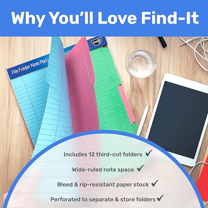 Find It File Folder Notepad - Pack of 72-9.5 x 12.5 Inch Notebook Organizer Folders for Filing, Document, and Clipboard Organization - Assorted Colors