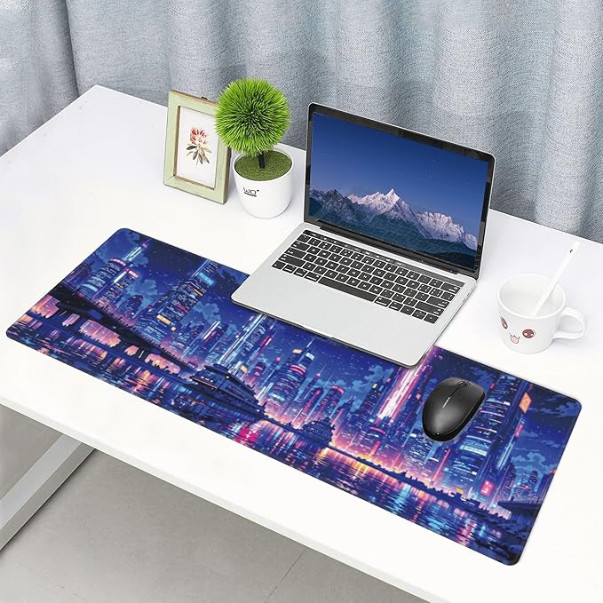Neon City Large Mouse Pad, Anime Style Gaming Desk Mat, XL Keyboard Desk Pad Mat for Desktop, 31.5"x11.8" Non-Slip Base Big Mousepad with Stitched Edges