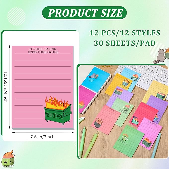 12 Pcs Funny Sticky Notes for Work 4x3 Inches Sarcastic Self Adhesive Notepads Novelty Memo Note Pads for Office Coworker Gifts Employee Appreciation Supplies (Dumpster Fire,Bright Color)