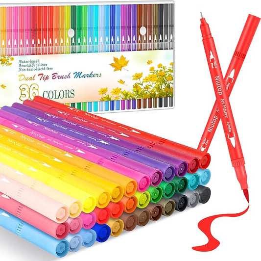 Niutop 36 Colors Fine & Brush Tip Dual Tip Coloring Marker Pens, Doodle Art Markers for Adult Coloring Books, Calligraphy Journaling, Art Supplies for Kids 9-12
