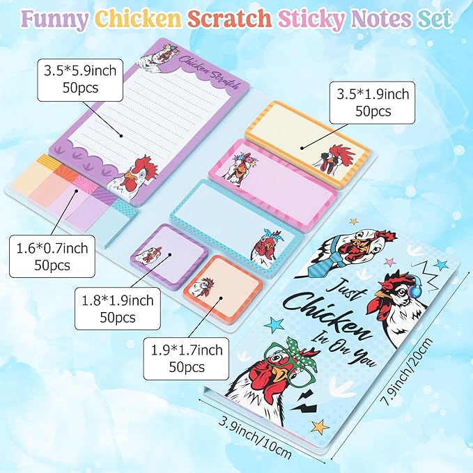 B1ykin Sticky Notes Set, Cartoon Theme Cute Self-Stick Notes Pad Teacher Appreciation Gifts， Self-Adhesive Writing Memo Pages Sticky to Do Notepad Thank You Gift for School (New Funny Chickens)
