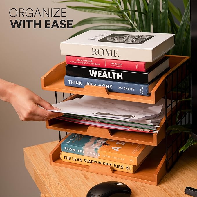 Wood Inbox Tray - Sturdy 3 Tier Letter Tray Desk Organizer, 1/3" Thick Wooden Shelves Paper Tray With Metal Frame (Assembled, Golden)