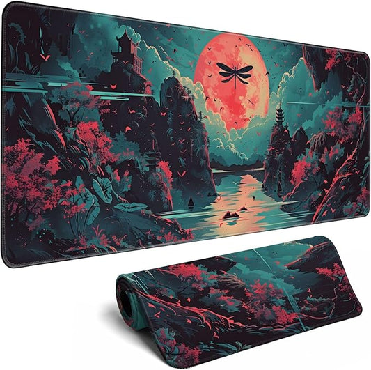 Japanese Desk Mat Riverside Full Moon Desk Pad Psychedelic Mlarge Mouse Pad Dragonfly Gaming Mousepad Extended XL Keyboard Pad 31.5 x 11.8 in Laptop Computer Mouse Keyboard Mat for Office Desk Decor