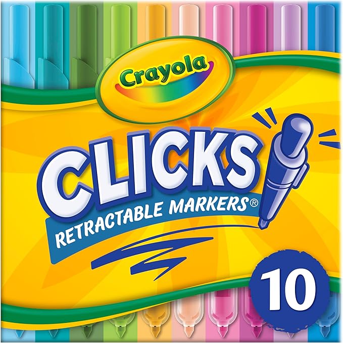 Crayola Clicks Retractable Markers - Bold (10ct), No Dry Washable Markers for Kids, Click Markers for School, Must Have Coloring Supplies, Gifts