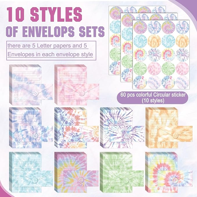 TaoBary 160 Pcs Stationery Paper Set 50 Double Sided Stationery Papers with 50 Matching Envelopes and 60 Round Dot Sticker, 10 Design(Tie Dye,8.5 x 11 Inch)