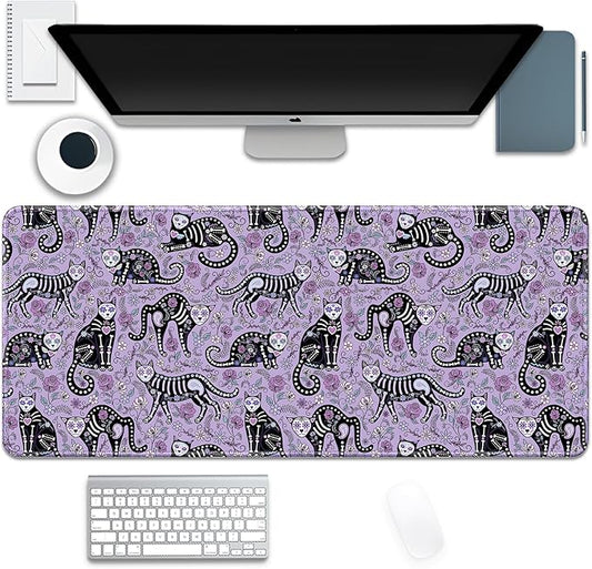 Gothic Cat Skeleton Flowers Mouse Pad,Extended Cat and Floral Mousepad Desk Pad with Stitched Edges,Non-Slip Waterproof Rubber Base Mouse Mat for Office Computer Keyboard Laptop Home(27.5x11.8 in)