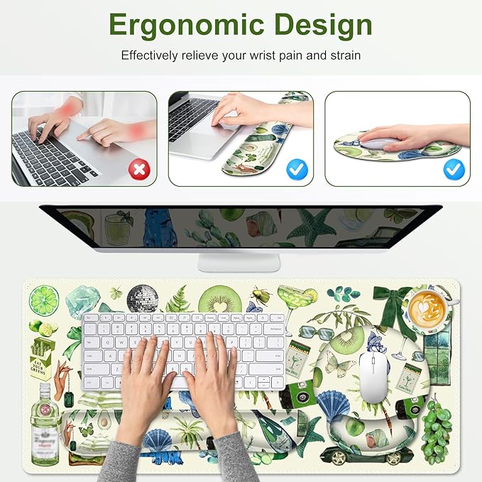 Mouse Pad, 4 in1 Large Desk Mat, Desk Pad Matt for Desktop, Anti-Slip XXL Big Computer Ergonomic Mousepad with Wrist Support for Keyboard and Mouse for Women I Green Theme Stickers