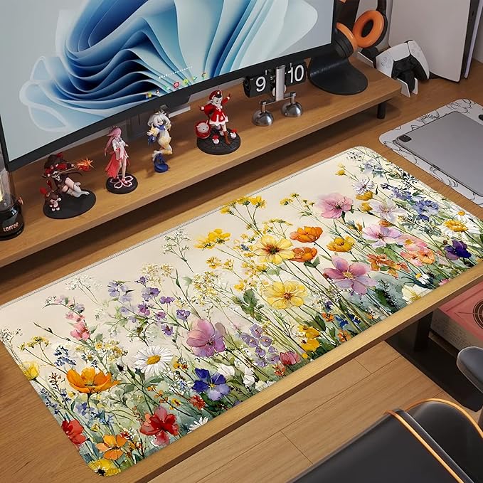 31.5" x 11.8" Watercolor Floral Mouse Pad – Vibrant Wildflower Garden Desk Mat with Daisy, Poppy & More – Extended Non-Slip Mouse Pad for Home Office Decor