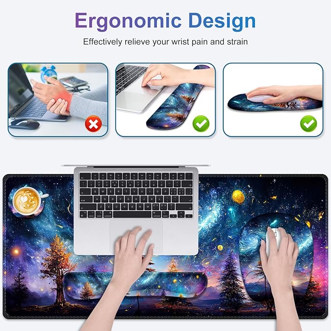4 in 1 Large Mouse Pad, Keyboard Wrist Rest Set, Ergonomic Mouse Pad with Wrist Support, Desk Mat with Stitched Edges，Extended Desk Pad Waterproof Desk Mat for Home Office Game I Colorful World