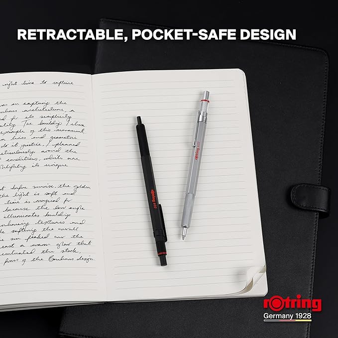 Rotring 600 Gel Pen | 0.55 mm | Black Ink | Silver Metal Body Pen | Non-Slip Knurled Grip & Hexagonal Barrel | Refillable