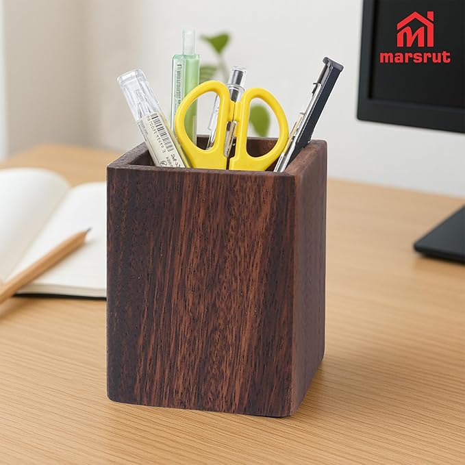 Wooden Pencil Holder for Desk, Wood Pen Black Walnut Cup Holder Square Handwork Natural Organizer Simple Stand for Pencils Make up Brushes Stationery Desks Offices Desk Desktop Decoration (Brown)