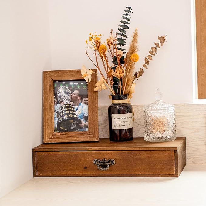Office Desk Organizer with Drawers Light Brown Vintage Wood Desktop Storage Box Workspace School Supplies Farmhouse Kitchen Countertop Organizer Makeup Storage Box for Home Toiletries Supplies Vanity