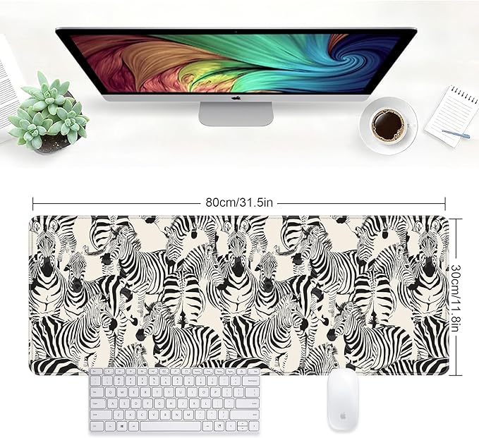 Large Desk Mat, Desk Matt for Desktop, Computer Gaming Mouse Pads, Anti-Slip Rubber Base, Stitched Edges Soft Mat for Desktop Office Home 31.5 x 11.8 Inches (Striped Zebra)
