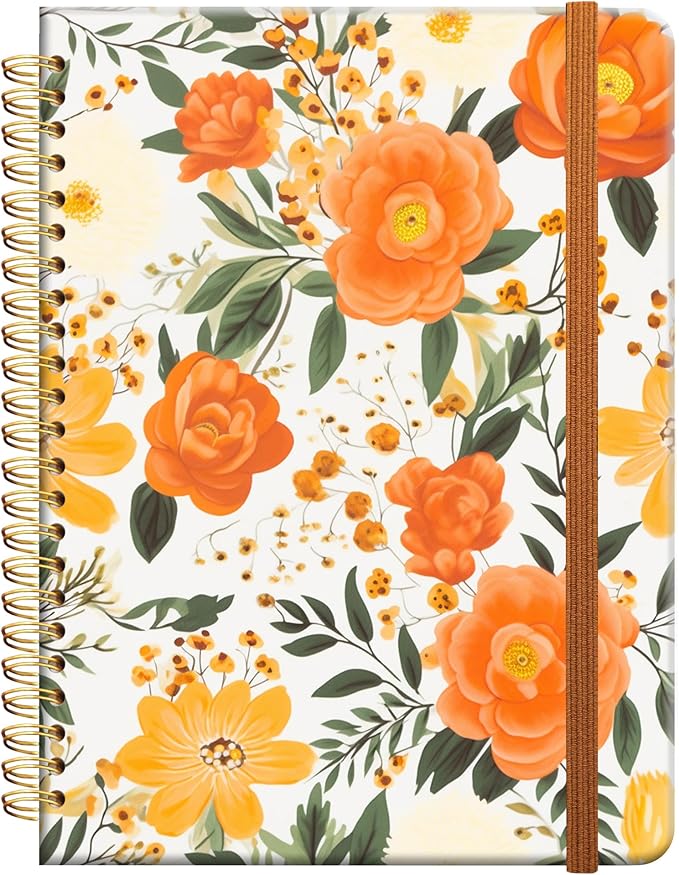 Ruled Spiral Writing Notebook,A5 Hardcover Lined College Journal for Women Lady Girl,Strong Twin-Wire Binding with Premium Paper,8.4" X 6",Perfect for School,Office,Home Gifts(orange flower)