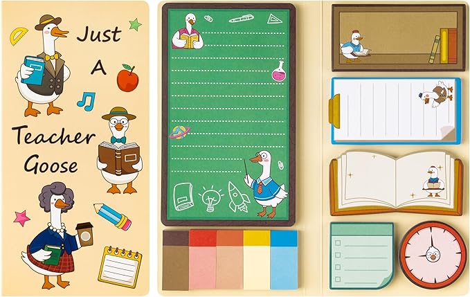 B1ykin Sticky Notes Set, Cartoon Theme Cute Self-Stick Notes Pad Teacher Appreciation Gifts， Self-Adhesive Writing Memo Pages Sticky to Do Notepad Thank You Gift for School Classroom (Goose Teacher)