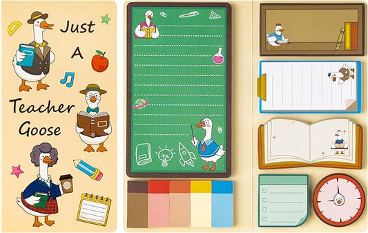 B1ykin Sticky Notes Set, Cartoon Theme Cute Self-Stick Notes Pad Teacher Appreciation Gifts， Self-Adhesive Writing Memo Pages Sticky to Do Notepad Thank You Gift for School Classroom (Goose Teacher)