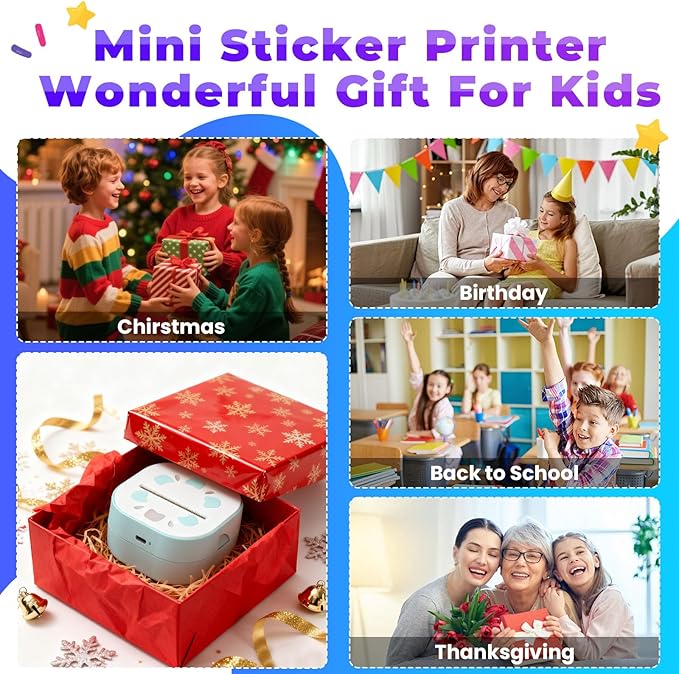 Mini Sticker Printer PrintPods, Portable Bluetooth Sticker Maker Machine with 3 Rolls Paper, D21 Thermal Inkless Photo Printer, Impresora Portátil for Phone DIY Photos Study Notes Journal Kids Gift