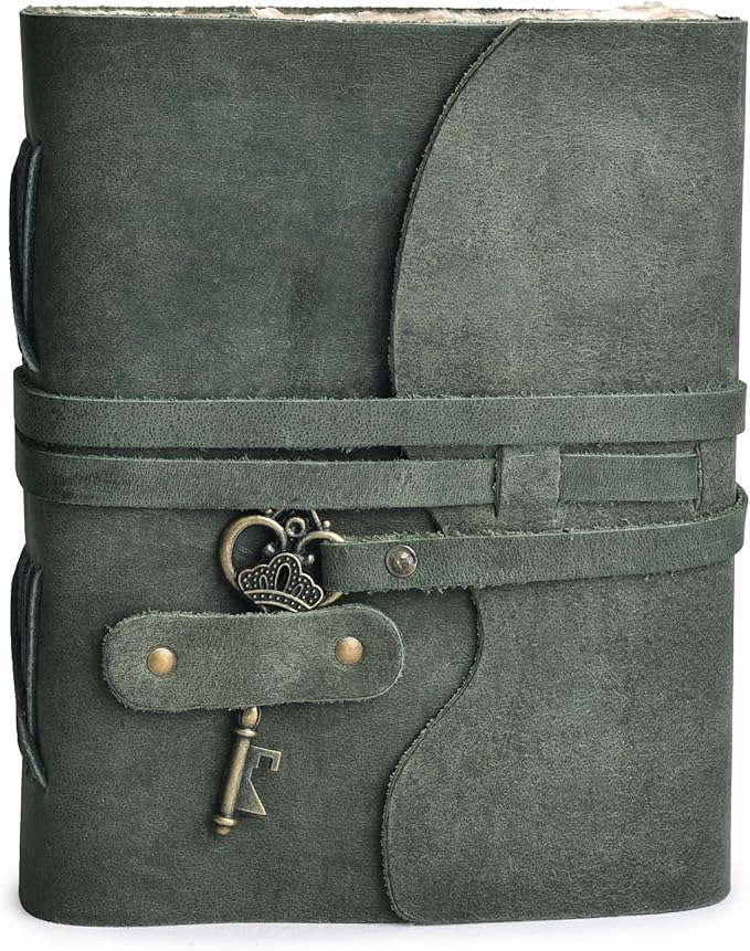 LEATHER VILLAGE Vintage Leather Journal – 200 Handmade Vintage Deckle Edge Paper – Leather bound Journal For Women Men – Vintage Key Closure - Book of Shadows - Aqua - 13X8 inches