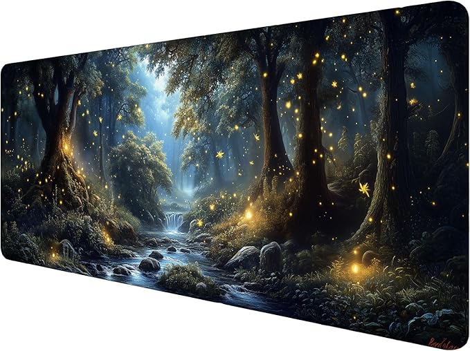 Dream Firefly Forest Landscape Desk Mat Gaming Mouse Pad with Stitched Edge Non-Slip Base - Extended 31.5"x11.8" Office Computer Keyboard Laptop Home Big Mouse Pad