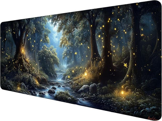 Dream Firefly Forest Landscape Desk Mat Gaming Mouse Pad with Stitched Edge Non-Slip Base - Extended 31.5"x11.8" Office Computer Keyboard Laptop Home Big Mouse Pad