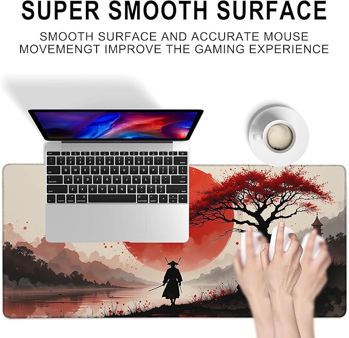 Gaming Mouse Pad, Japanese Cherry Blossom Samurai Large Desk Mat for Keyboard and Mouse,Non-Slip Rubber Base and Stitched Edges Desk Pad for Home Office 35.4x15.7in