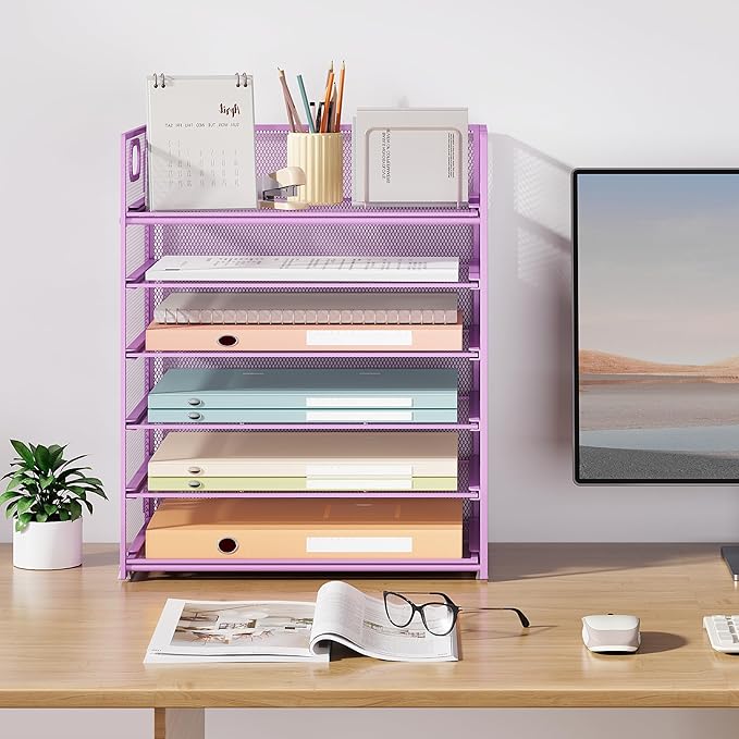 Subekyu 6-Tier Desk Paper Organizer, Desktop File Letter Tray with Handle, Document Sorter and Accessories Holder for Office, Home and School Workspace Organizers, Purple-2 Pack