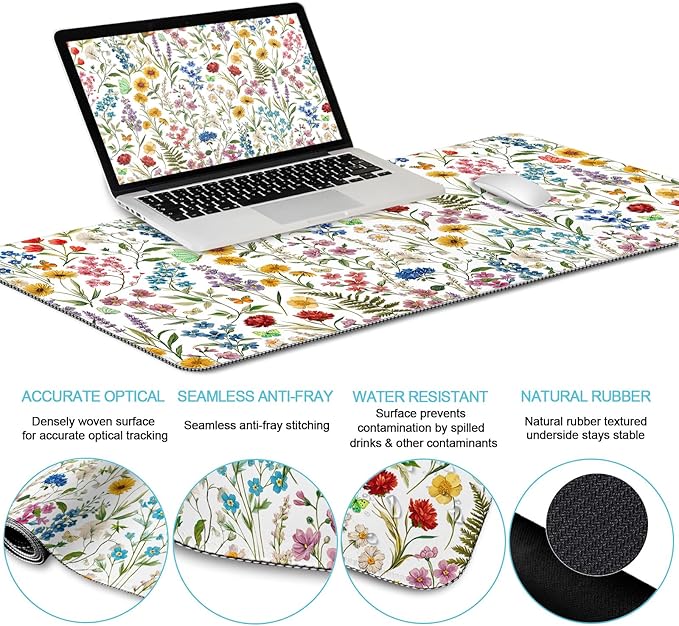 Floral Mouse Pad Set Large Desk Mat for Desktop, Ergonomic Mouse Pad with Gel Wrist Rest for Gaming, Computer Keyboard Mat Wrist Support Cup Coaster Set, Women Office Desk Accessories Decor