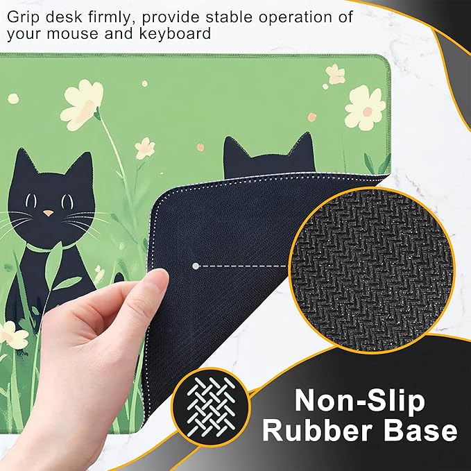 Gaming Mouse Pad, Anime Black Cats and Flowers Large Desk Mat for Keyboard and Mouse,Non-Slip Rubber Base and Stitched Edges Desk Pad for Home Office 35.4x15.7in
