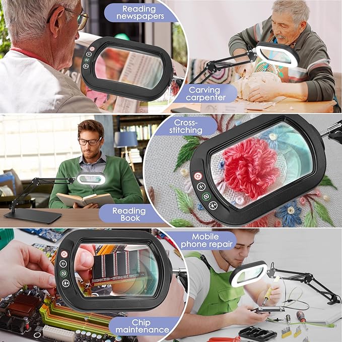 Drdefi 10X Square Magnifying Glass with Light and Stand, Real Glass LED Lighted Magnifier, 5 Color Modes Stepless Dimmable, Hands-Free Mag Desk Lamp with Clamp for Reading Craft Hobby Close Work