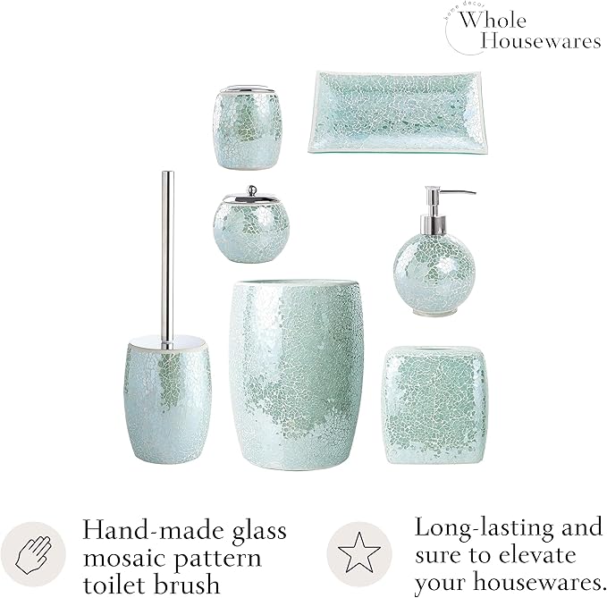 WHOLE HOUSEWARES Modern Toilet Brush Set, Turquoise (1 Glass Mosaic Bathroom Accessory)