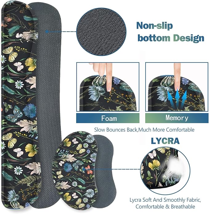 ARTSO Keyboard Mouse Pad Set, Extended Mouse Pad with Keyboard Wrist Rest Support, Memory Foam Ergonomic Desk Pad Set for Home Office, Flower Leaf Butterfly
