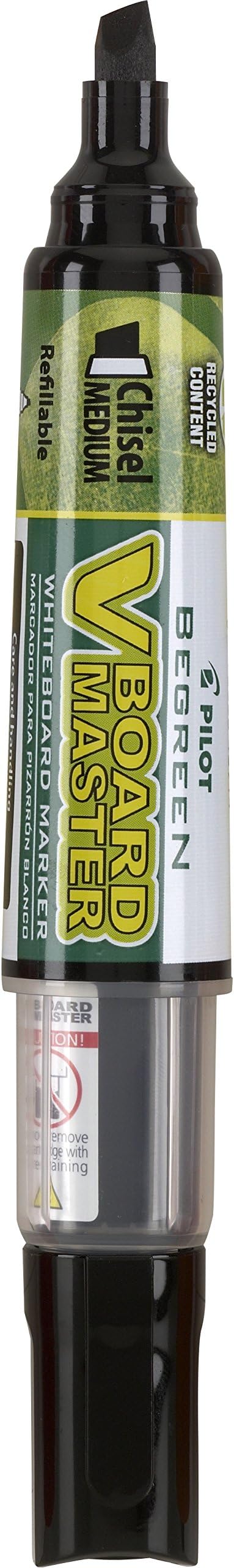 PILOT V Board Master BeGreen Refillable Dry-Erase Markers, Chisel Tip, Black Ink, 12 Count