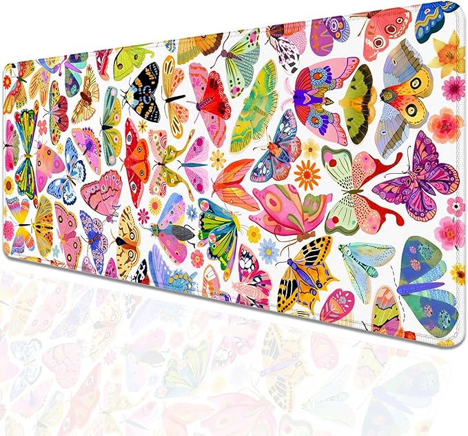 Colorful Butterfly Mouse Pad,Large Extend Mousepad Desk Pad with Stitched Edges,Non-Slip Waterproof Rubber Base Mouse Mat Desk Mat for Office Computer Keyboard Laptop Home(27.5x11.8 in)